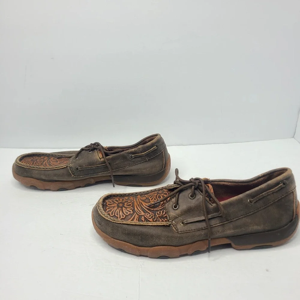 Twisted X Mens Brown Leather Floral Embossed Driving Mocs Boat Shoes 11.5 M